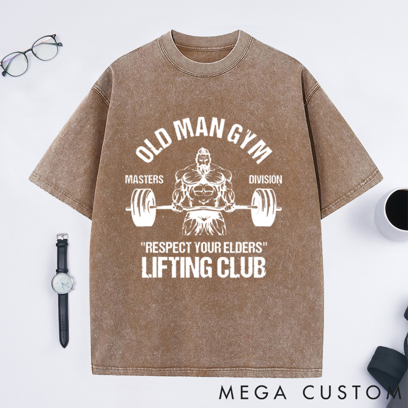 Personalized Old Man Gym Washed T-Shirts with Masters Lifting Club Design for Fitness Enthusiasts Bodybuilders and Gym Lovers