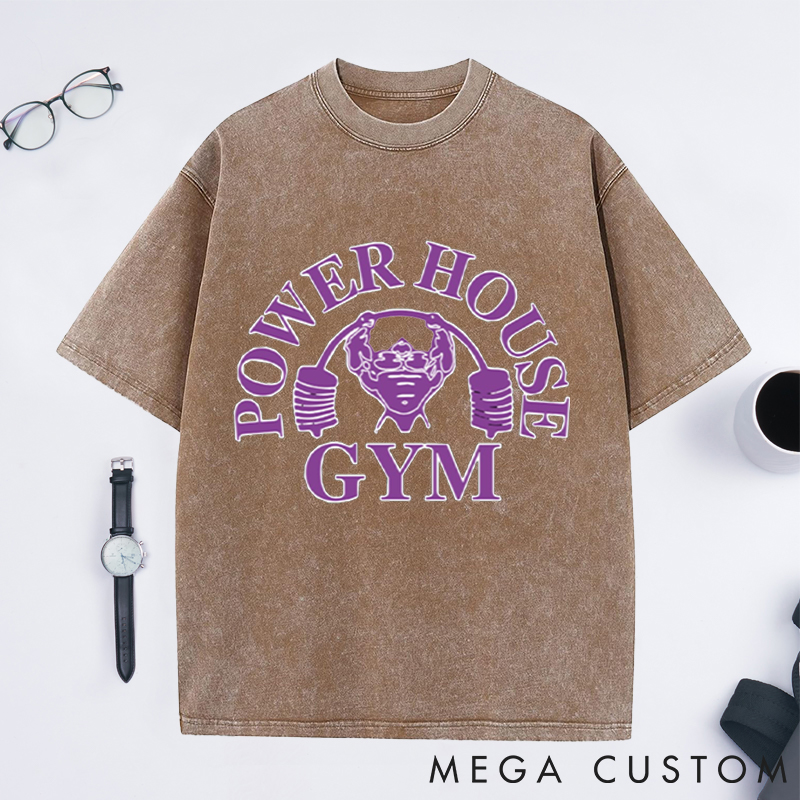 Personalized Power House Gym Washed T-Shirts with Bold Purple Bodybuilder Design for Fitness Enthusiasts Bodybuilders and Gym Lovers