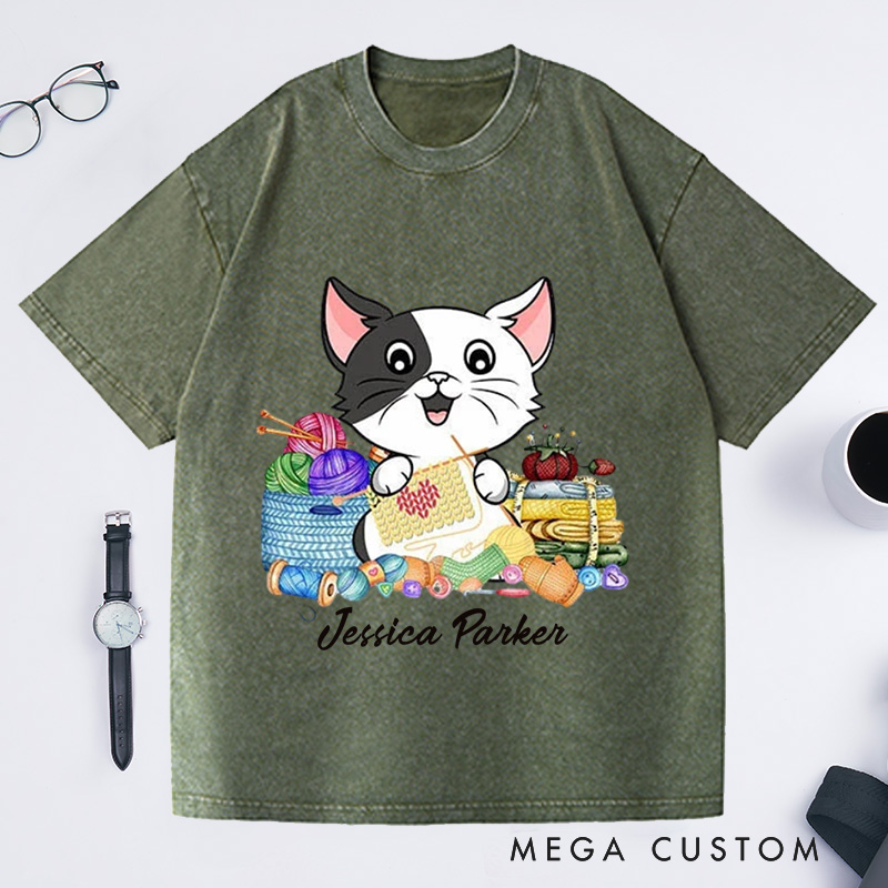 Personalized I Love Knitting And Cat Washed T-Shirts Knit Gift Knitting Gift Knitter Gift Love To Knit Love Knitting Knit Lover