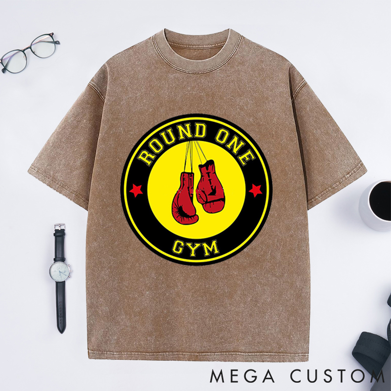 Personalized Round One Gym Washed T-Shirts with Classic Boxing Gloves Design for Fitness Enthusiasts Bodybuilders and Gym Lovers