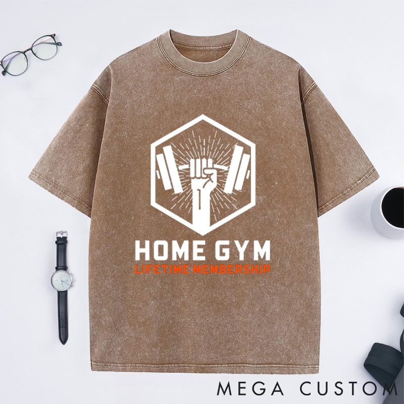 Personalized Gym Washed T-Shirts with Lifetime Membership Bold Barbell Design for Fitness Enthusiasts Bodybuilders and Gym Lovers