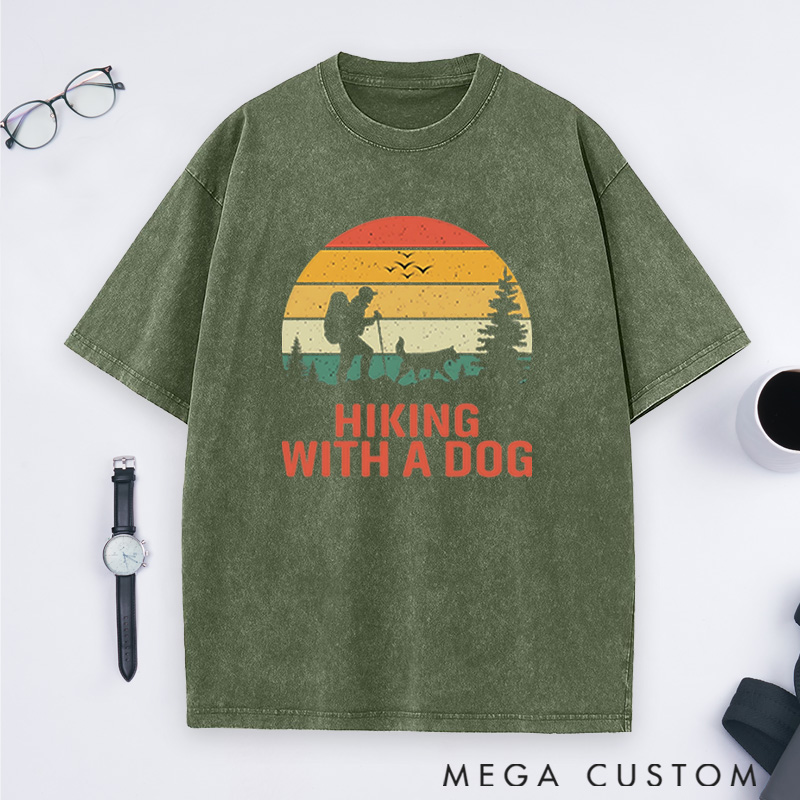 Personalized Hiking With A Dog Washed T-Shirts Mountain Adventures Shirts Gift for Hiking Traveling Camping Lover
