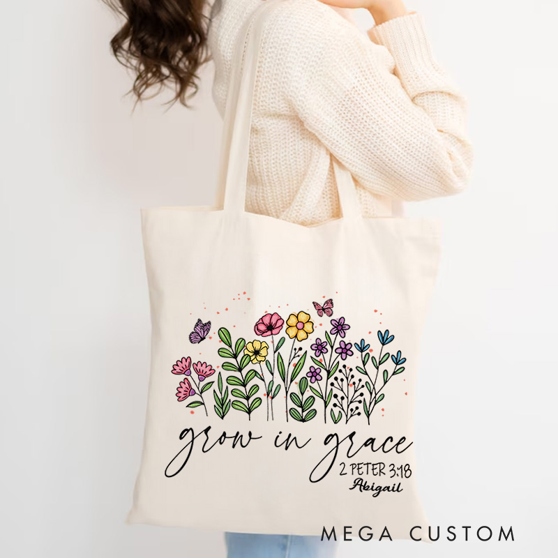 Personalized Floral Grow in Grace Bible Verse Canvas Tote Bag with Custom Name Christian Tote Bag Birthday Gift for Women and Girls