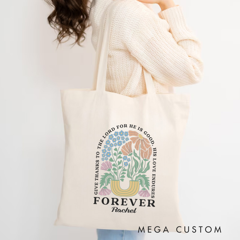 Personalized Psalm 136:1 Bible Verse Canvas Tote Bag with Name Floral Boho Style Tote Bag Birthday Gift Religious Gift for Women