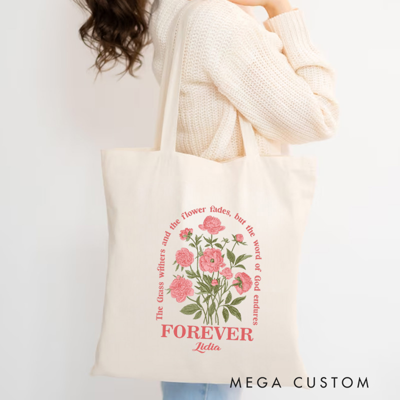Personalized Isaiah 40:8 Bible Verse Tote Bag Vintage Floral Canvas Tote Bag with Name Religious Gift Birthday Gift for Women and Girls
