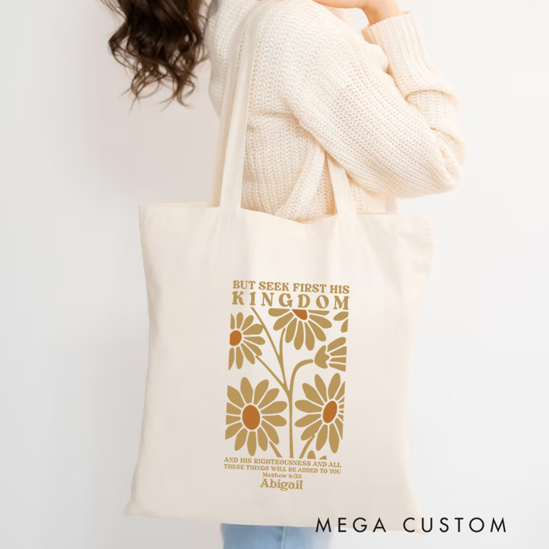 Personalized Matthew 6:33 Bible Verse Canvas Tote Bag with Name Daisies Design Bag Religious Gift Birthday Gift for Christian Girls