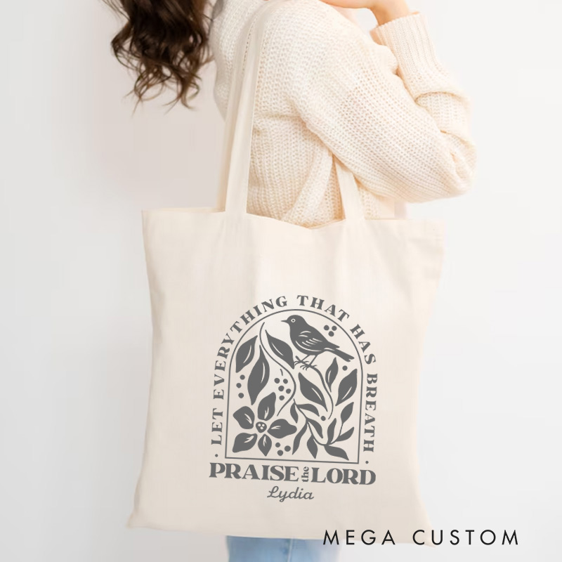 Personalized Psalm 150:6 Bible Verse Canvas Tote Bag with Name Inspirational Religious Gift Birthday Gift for Women and Girls