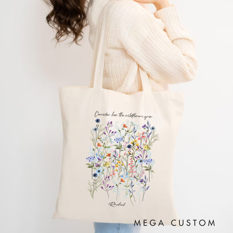 Personalized Botanical Floral Wildflowers Canvas Tote Bag with Name Religious Gift Birthday Gift for Christian Women
