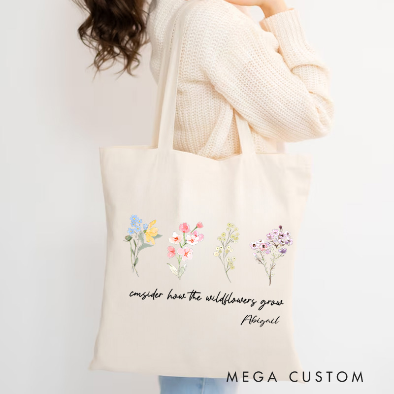 Personalized Luke 12:27 Bible Verse Flora Affirmation Canvas Tote Bag with Name Religious Inspirational Gift for Female Friends