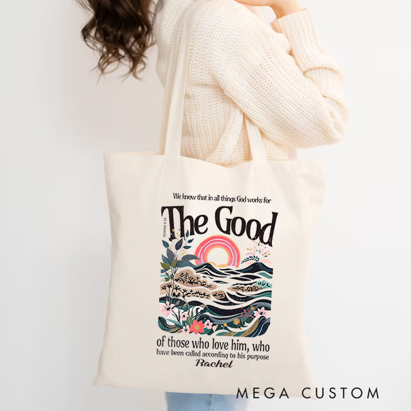 Personalized Romans 8:28 Bible Verse Canvas Tote Bag with Hills and Fields Faith Bag Birthday Gift for Women and Girls