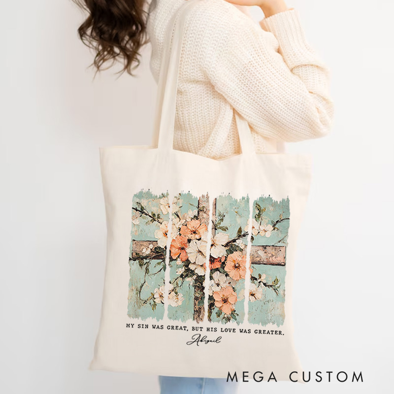 Personalized John 3:16 Bible Verse Canvas Tote Bag with Name Cross and Floral Motivational Quote Tote Bag Religious Gift for Female Friends