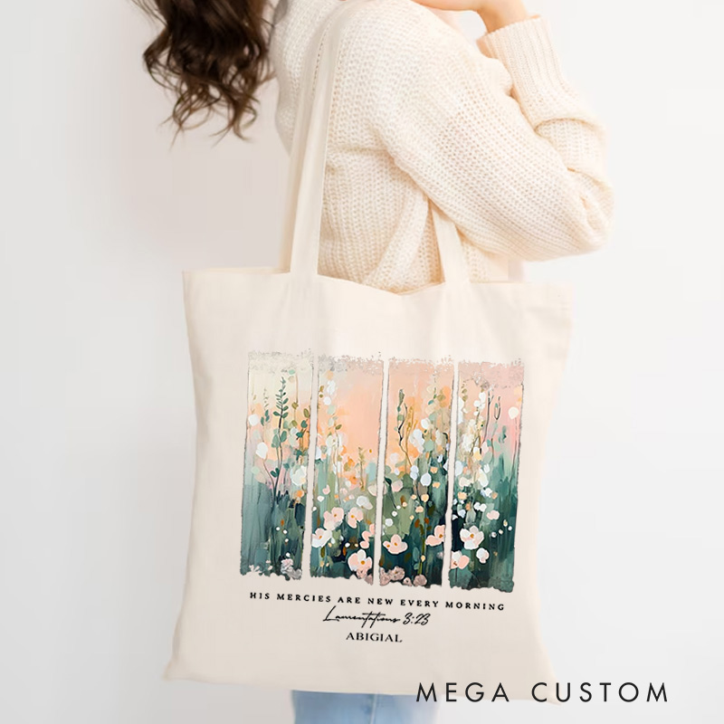 Personalized His Mercies Are New Every Morning Bible Verse Canvas Tote Bag with Name Floral Jesus Bag Prayer Quote Gift Birthday Gift for Girls