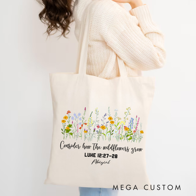 Personalized Luke 12:27-28 Canvas Tote Bag with Custom Name Religious Gift Birthday Gift for Women and Girls