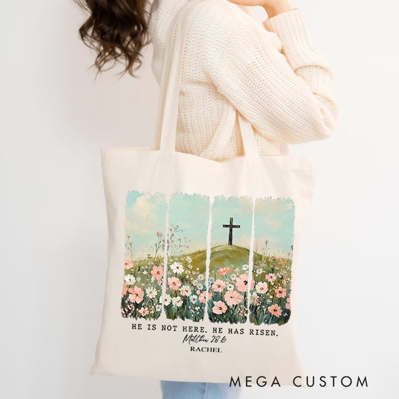 Personalized He Is Not Here He Has Risen Bible Verse Custom Name Canvas Tote Bag with Cross and Floral Blessing Gift Birthday Gift for Christian Women