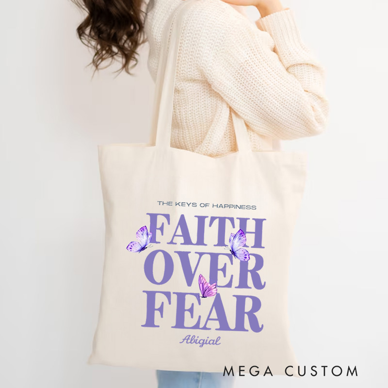Personalized Faith Over Fear Butterflies Tote Bag with Name Religious Canvas Tote Bag Birthday Gift Faith Based Gift for Christians