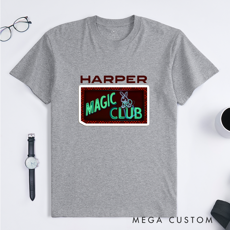 Personalized Magic Club T-Shirt Custom Neon Sign Rabbit Design Classic Unisex Gift for Magician Fan Magic Lovers Unique Birthday Present