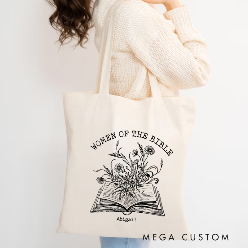Personalized Women of the Bible Canvas Tote Bag with Floral and Book Christian Tote Bag with Name Birthday Gift Religious Gift for Her