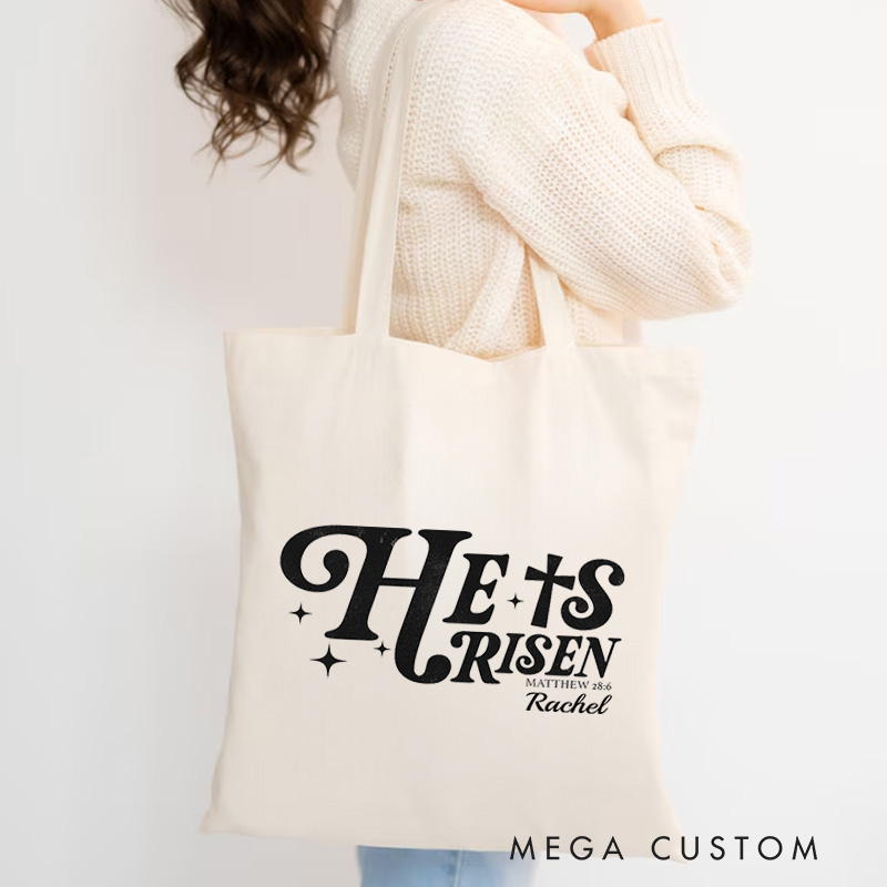 Personalized He Is Risen Canvas Tote Bag with Name Matthew 28:6 Bible Verse Tote Bag Religious Gift Easter Gift for Christians