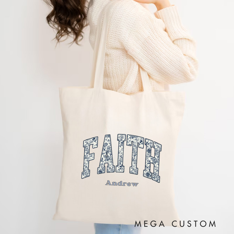 Personalized Faith Canvas Tote Bag with Name Toile Style Tote Bag   Religious Gift Birthday Gift for Women and Girls