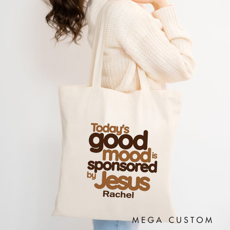 Personalized Today's Good Mood Is Sponsored by Jesus Canvas Tote Bag Retro Inspirational Tote Bag Gift of Faith Birthday Gift for Christians