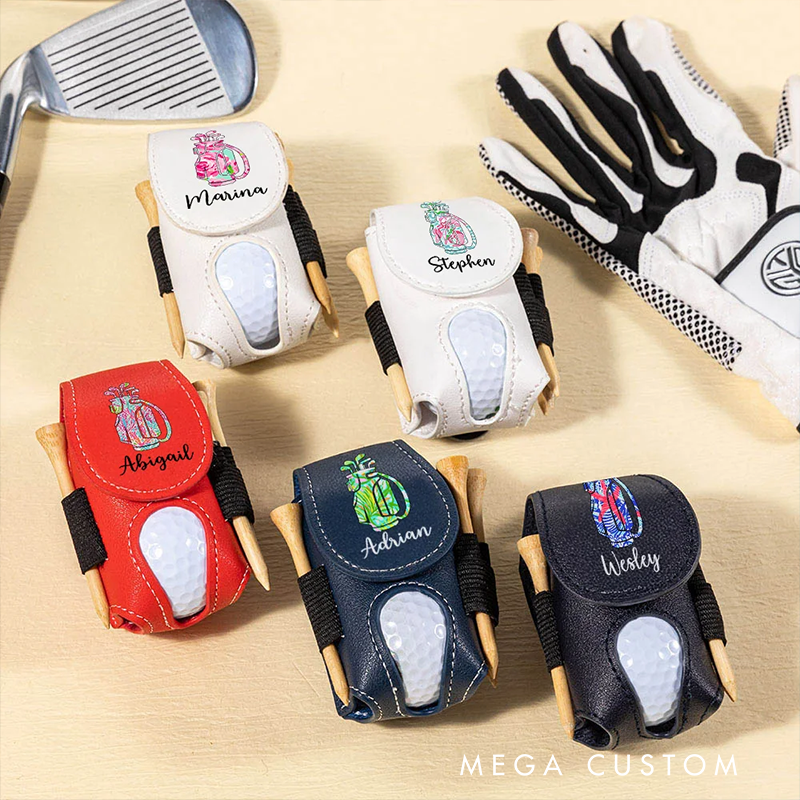 Personalized Leather Golf Ball Pouch with Custom Name Tee Holder and Compact Stylish Design