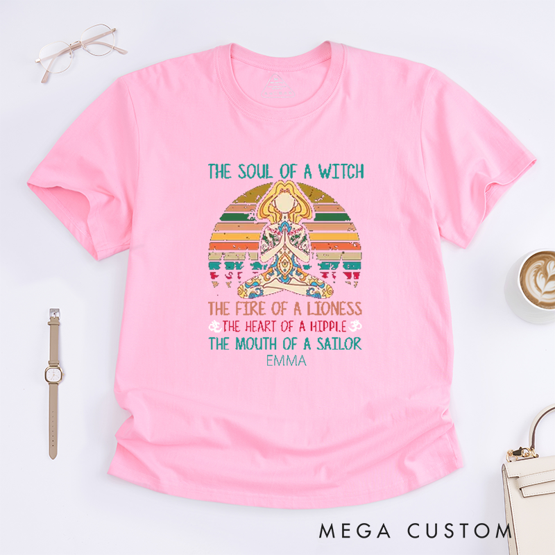 Personalized The Soul Of A Witch Yoga T-Shirt Positive Yoga Lover T-Shirt Meditating Yoga Gift for Women