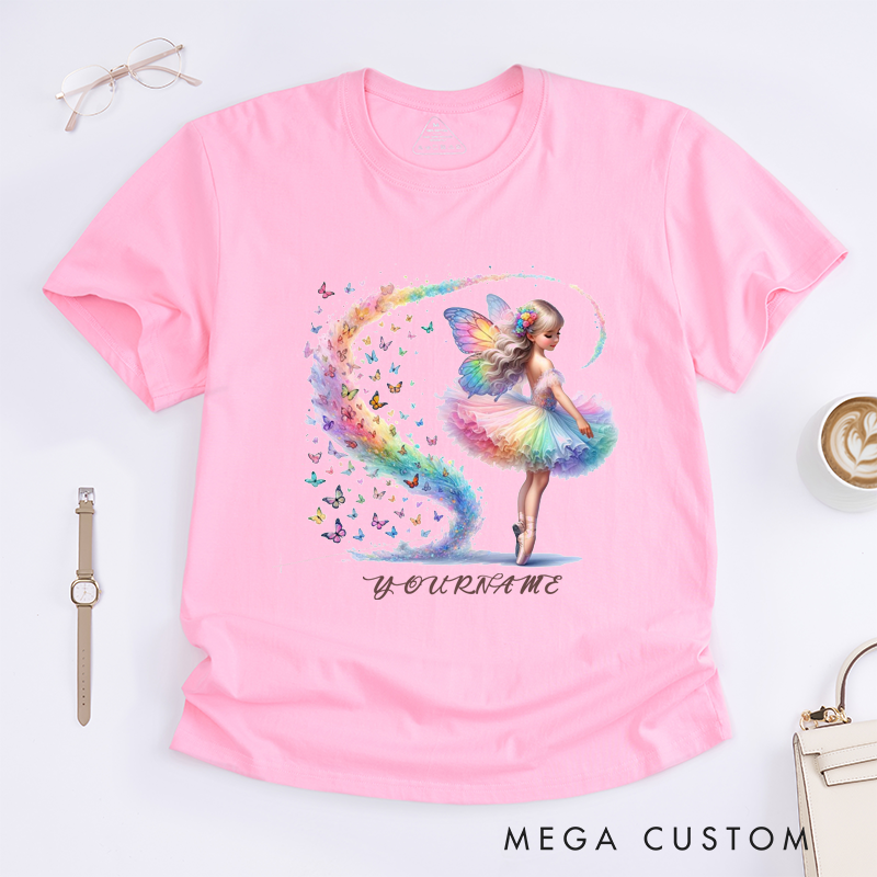 Personalized Fairy Ballerina T-Shirt Custom Name Rainbow Butterfly Ballet Tee Unique Birthday Gift for Girls Dance Lover Daughter Kids Women