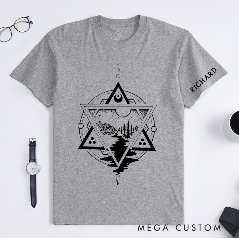 Personalized Geometric Mountain River Nature Scene Classic T-Shirts Custom Name Gift for Men and Women Unique Landscape Outdoorsy Tee