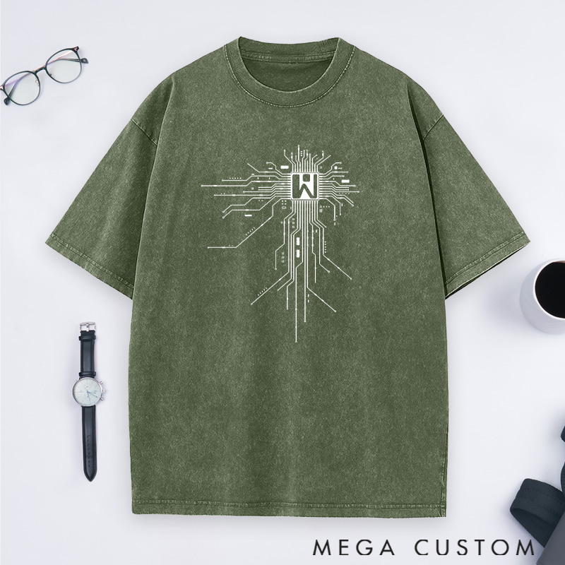 Personalized Digital Circuitry Washed T-Shirts The Heart of Technology Shirts Gift for Computer Geek Nerd 