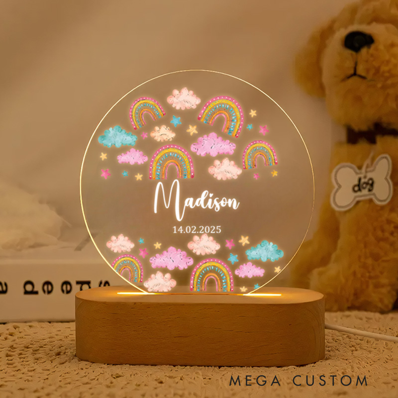 Personalized Multiple Rainbow and Cloud Illustrations with Star Accents for a Playful and Magical Nursery Ambiance Night Lamp