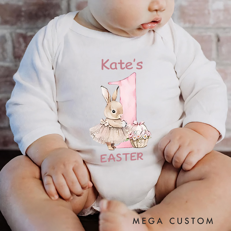 Personalized Cute Bunny 1st Easter Long Sleeve Baby Bodysuit with Name Easter Party Birthday Gift for Newborns