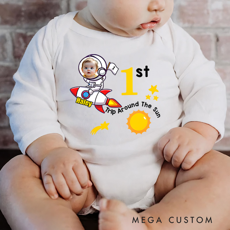 Personalized Baby Photo Rocket and Star Design for Birthday Celebration Baby Bodysuit