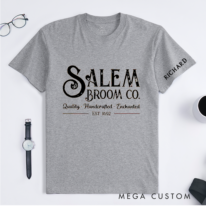 Personalized Salem Broom Co Classic T-Shirts Handcrafted Enchanted Witch Decor Quality Gift for Men and Women Custom Name Halloween Apparel