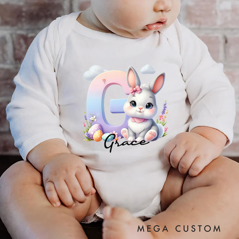 Personalized Cute Easter Bunny Initial Baby Bodysuit with Name Birthday Easter Gift for Kids Baby