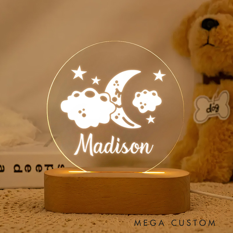 Personalized Moon and Cloud Illustration with Star Accents for a Magical and Serene Nursery Glow Night Lamp