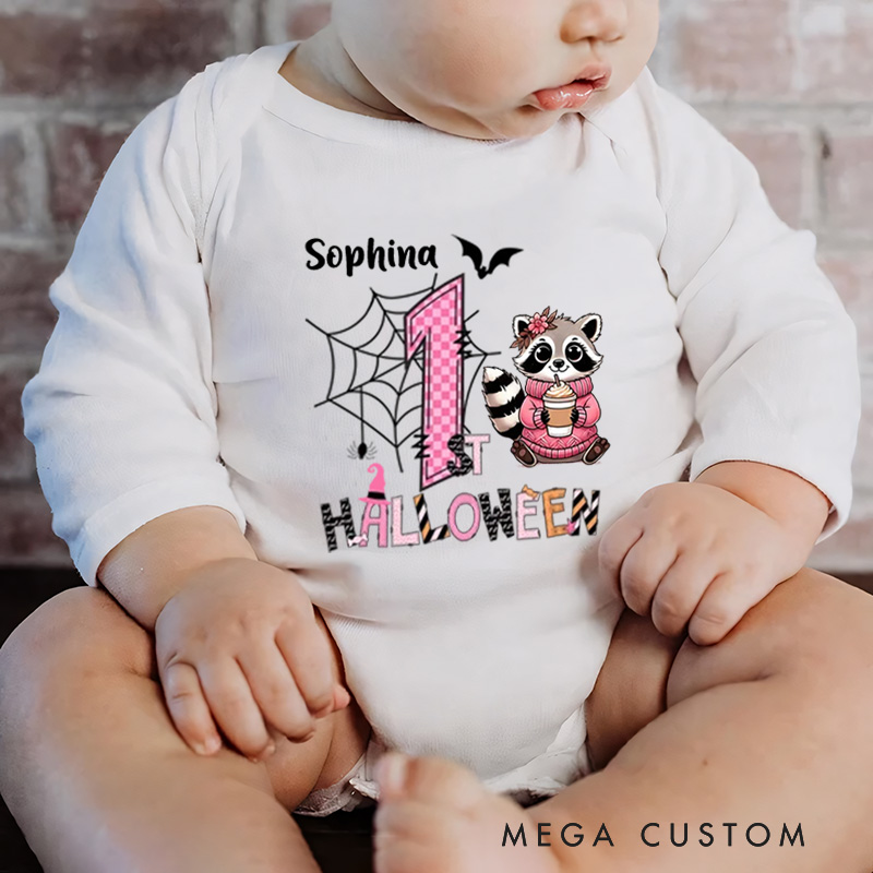 Personalized Cute Peter Rabbit Ghost Raccoon Halloween Elements Baby Bodysuit with Name First Halloween Gift for Newborns