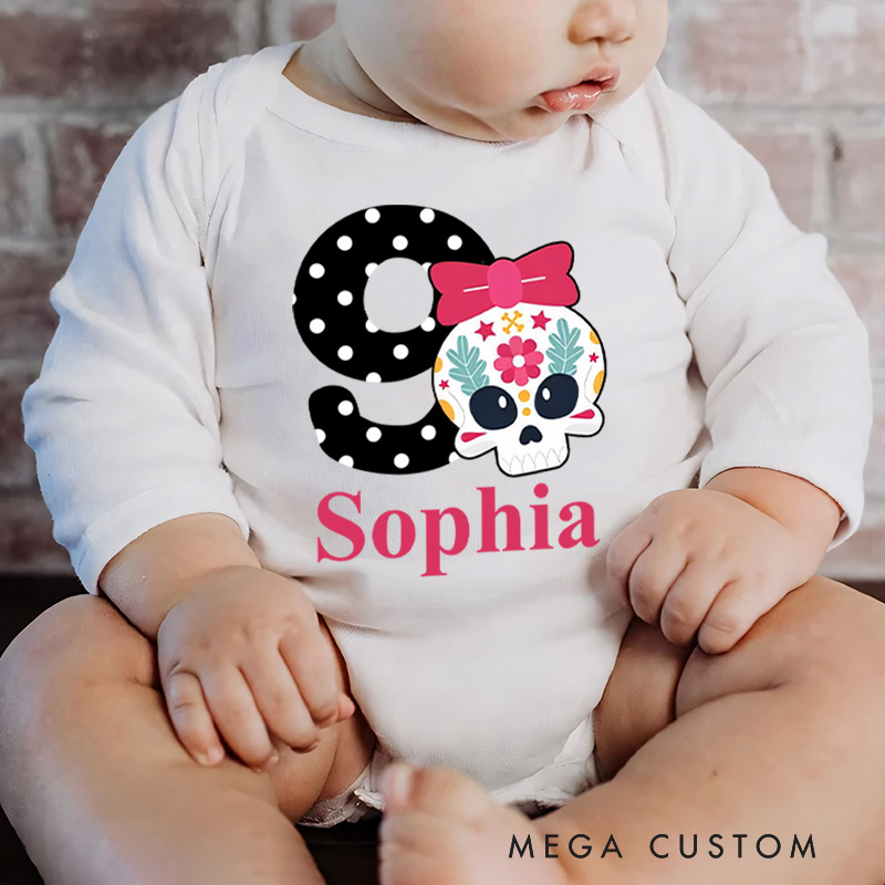 Personalized Minnie Mouse Inspired Skull Design for Baby's First Halloween Celebration Baby Bodysuit