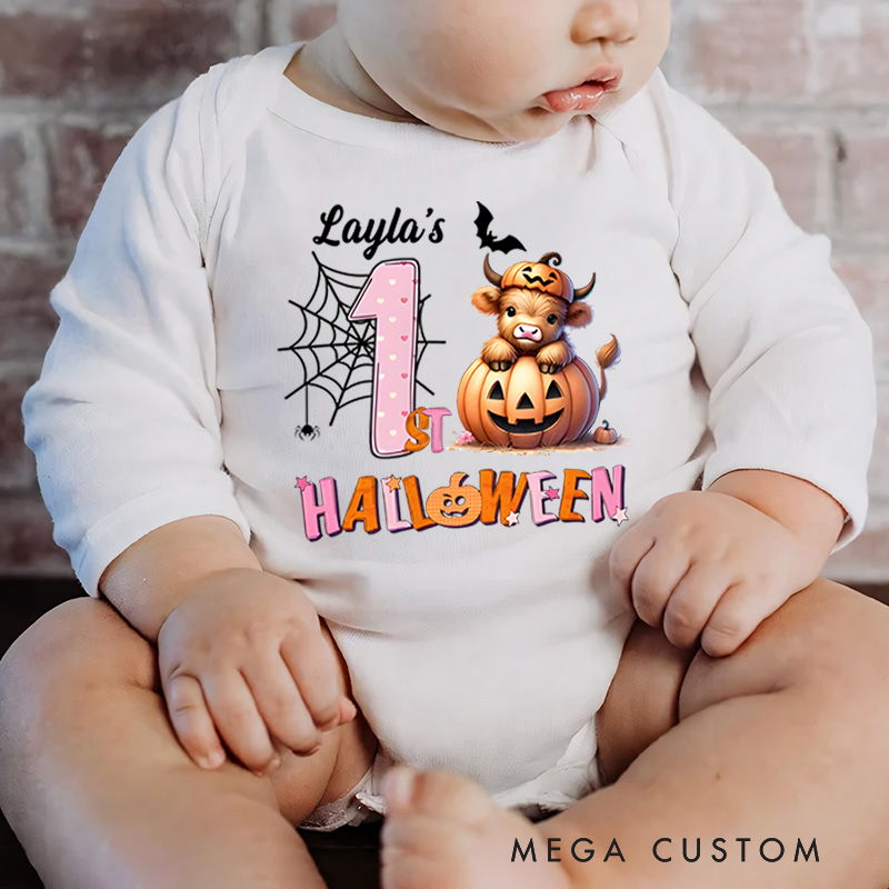 Personalized Spider Web and Pumpkin Design for Baby's First Halloween Celebration Baby Bodysuit