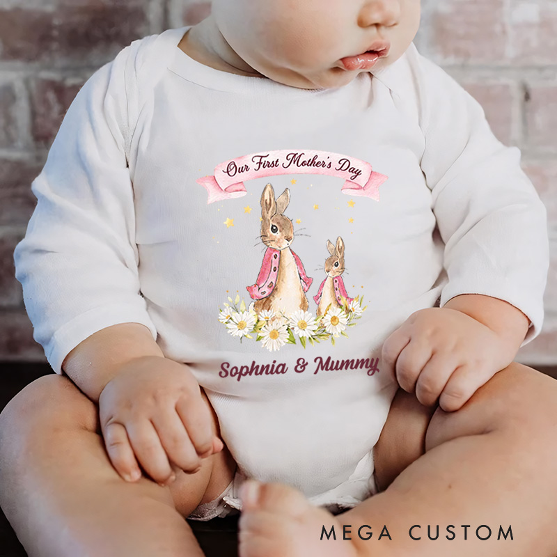 Personalized Our First Mother’s Day Peter Rabbit Bunny Floral Baby Onesie with Names Mother’s Day Baby Shower Gift