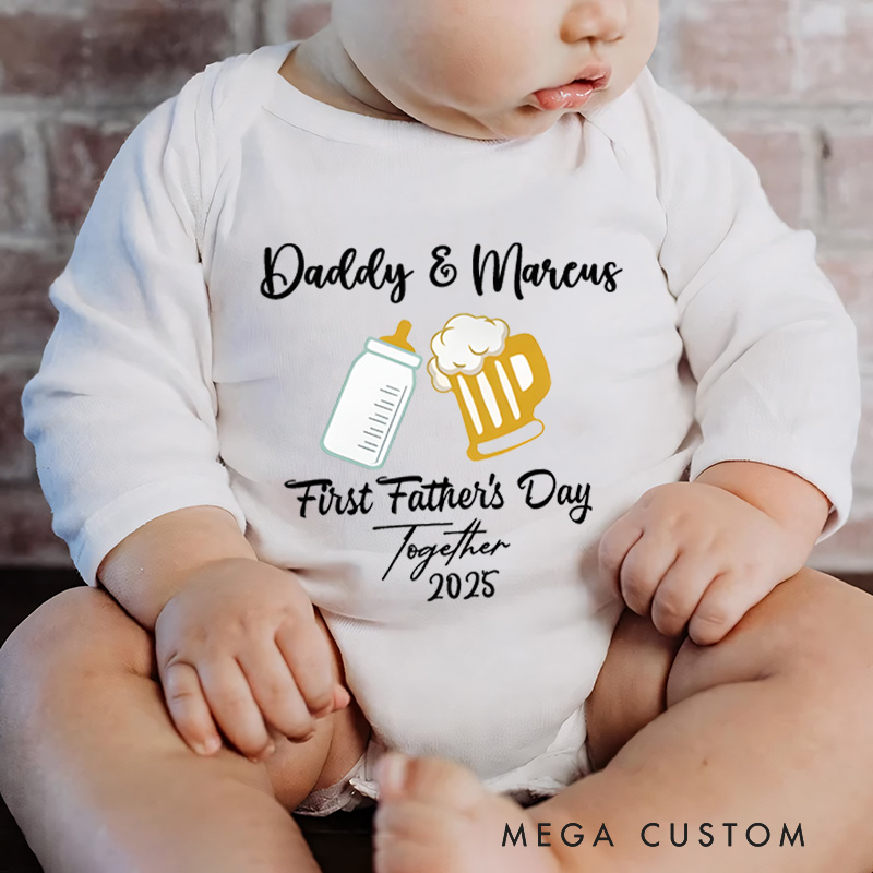 Personalized Baby Bottle and Beer Mug  Baby Onesies with Text Father's Day Birthday Gift