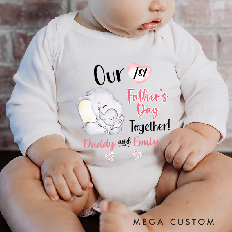 Personalized Cute Elephant Our First Father's Day Baby Onesie with Name Gift for Dad Baby