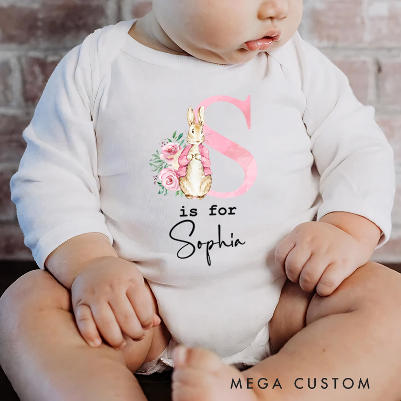 Personalized Bunny and Floral Initial Design for Baby's First Easter Celebration Baby Bodysuit