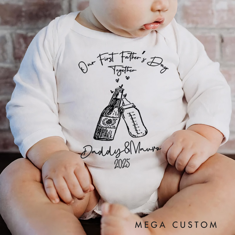 Personalized Bottle Cheers Illustration for Daddy and Mama's First Father's Day Celebration Baby Bodysuit