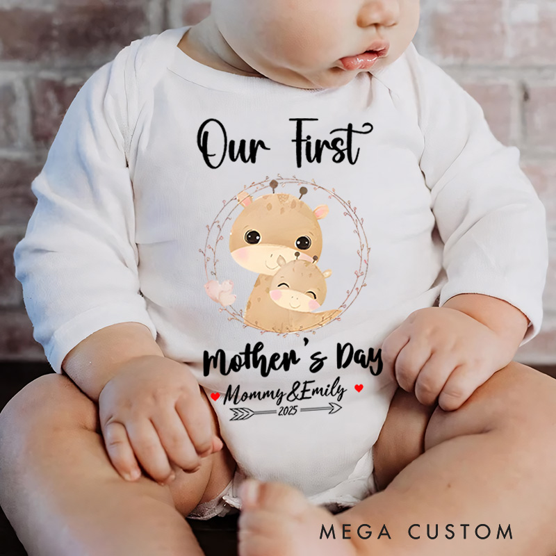 Personalized Our First Mother's Day Design with Cute Animal and Floral Wreath for Mommy and Baby Baby Bodysuit