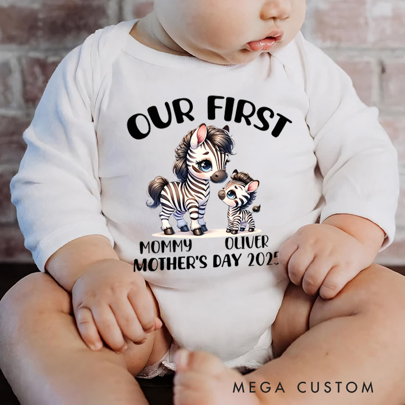 Personalized Our First Mother's Day Zebra Mom and Baby with Names and Year Baby Bodysuit