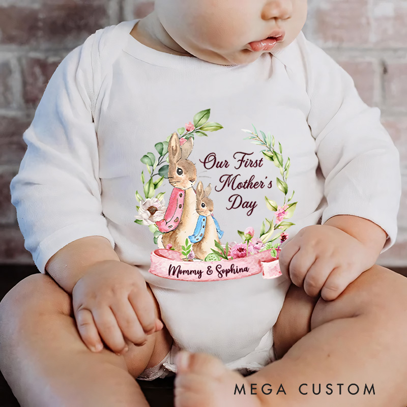 Personalized Our First Mother’s Day Peter Rabbit Bunny Floral Baby Onesie with Names Mother’s Day Gift for Baby New Mom