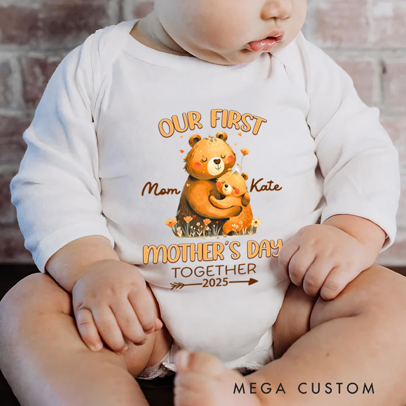 Personalized Hugging Bears Our First Mother's Day Baby Onesie with Name First Mother's Day Gift For Mom Baby
