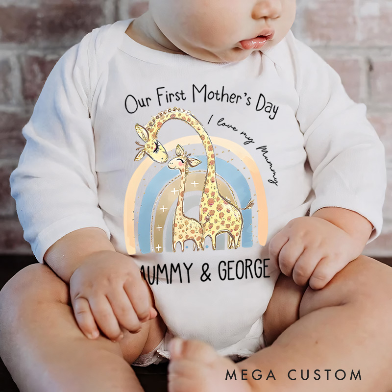 Personalized Our First Mother's Day Giraffe Mom and Baby Surrounded by Pastel Colors and Names Baby Bodysuit