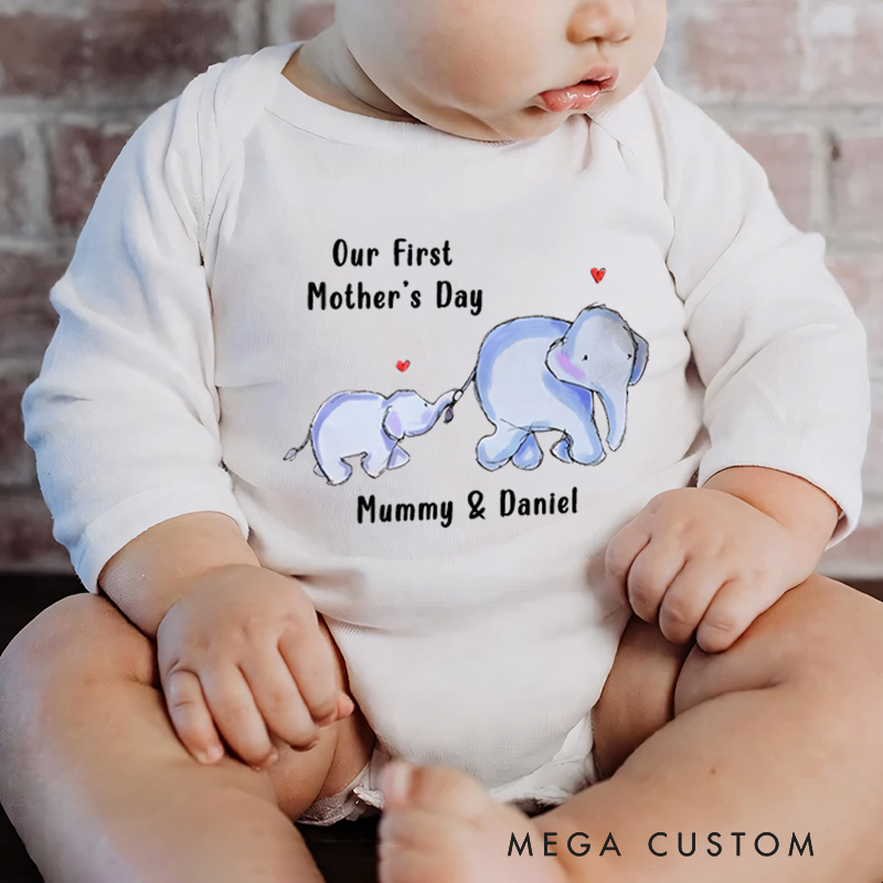 Personalized Our First Mother’s Day Elephant Baby Onesie with Names Gift for Baby New Mom