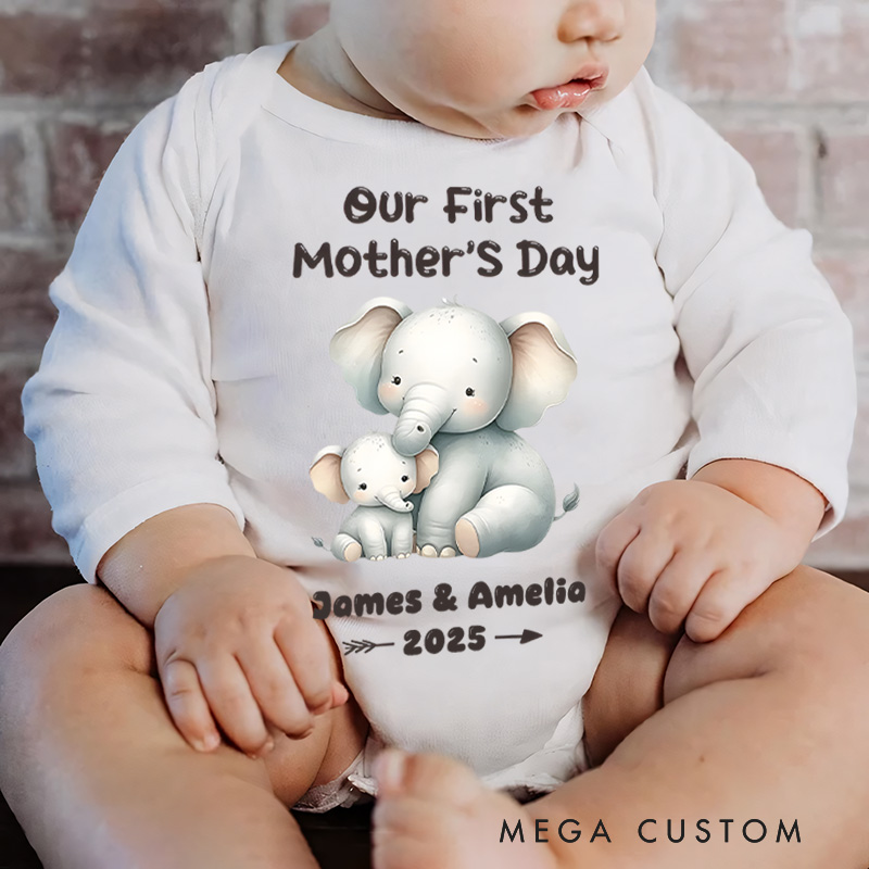Personalized Our First Mother's Day Design with Sweet Elephant Mom and Baby and Year Baby Bodysuit